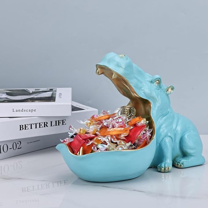 Hippo Figurine Candy Dish & Key Bowl - Unique Resin Hippopotamus Statue for Office Desk & Entry Table Decor - Multifunctional Sundries Container, Jewelry Stand, and Wallet Holder - Cute Hippo Gifts