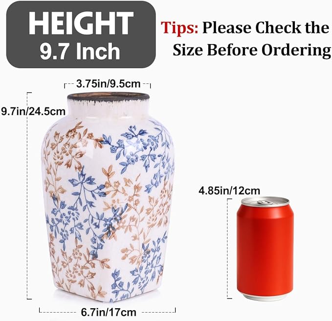 Blue and White Vintage Vase - 9.7 Inchs Chinoiserie Decor Crackle Finish Floral Vase, Rustic Farmhouse Decorative Vases for Table, Living Room, Bathroom, Shelf Decor, Mantel, Centerpieces
