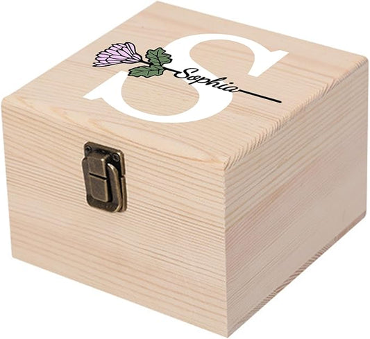 Personalized Wooden Keepsake Memory Box with Birth Flower & Name, Custom Wood Decorative Storage Box with Lids Customized Christmas Gift Box for Women Teen Girls Mom Birthday Gifts