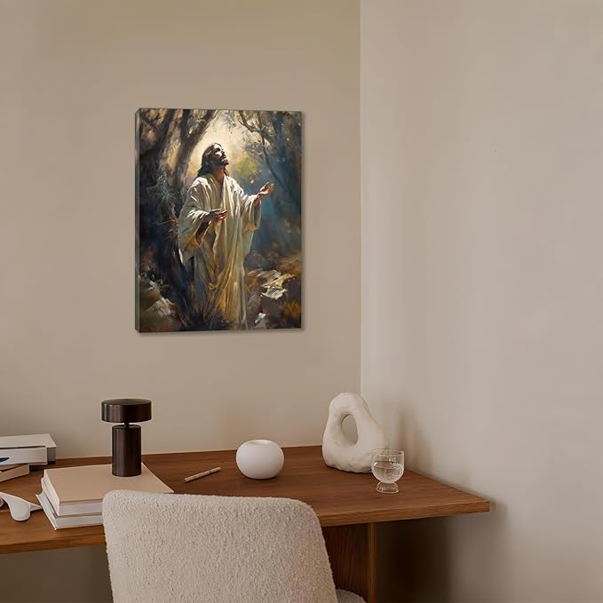 Aglcatie Jesus Canvas Wall Art Christian Wall Decor Pictures Painting Jesus Praying in the Garden of Gethsemane Printed Poster for Living Room Bedroom Church Decoration Framed 12x16 in