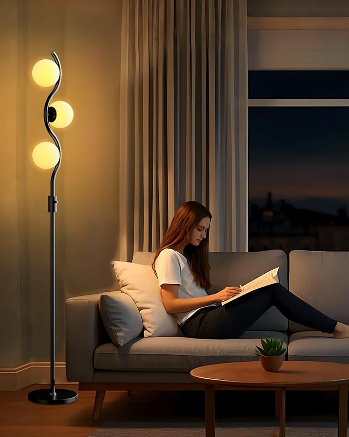 ACOHOOK Dimmable Globe Floor Lamp Black Standing Lamps with 3 Soft Warm White 3000K Bulbs, Mid Century Modern Floor Lamp for Living Room Bedroom Home Decor