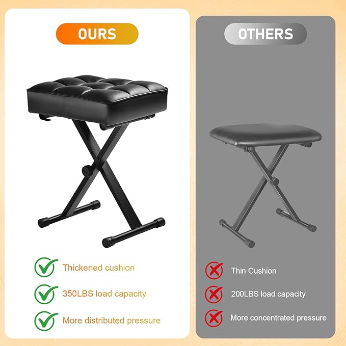 Keyboard Bench Adjustable Piano Stool - Extra Comfortable Piano Bench with High Rebound Sponge Cushion,No Deformation,Superior Support,X-Style Portable Foldable Piano Chair, 3 Height Adjustment(Black)
