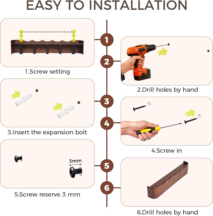 Wall Coat Rack Floating Shelves Modern Coat Rack Wall Mount with Storage Entryway Shelf Wooden Hanger 20 Inch 4 Hidden Metal Hooks for Living Room Bedroom (Wavy Walnut Color, 5 Hooks)