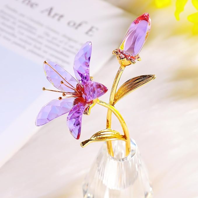 Purple Crystal Lily Flower Figurine with Stems - Handmade Collectible Statue for Decoration Mothers Day Centerpiece Valentines Day Bridal Shower Gift