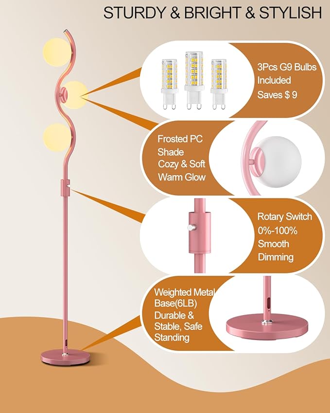 Lightdot 60IN Dimmable Pink Floor Lamp Mid Century Standing Lamps with 3Pcs G9 3000K Warm White Bulbs Stepless Dimming Globe Modern Tall Lamp with Stable Base for Bedroom Office