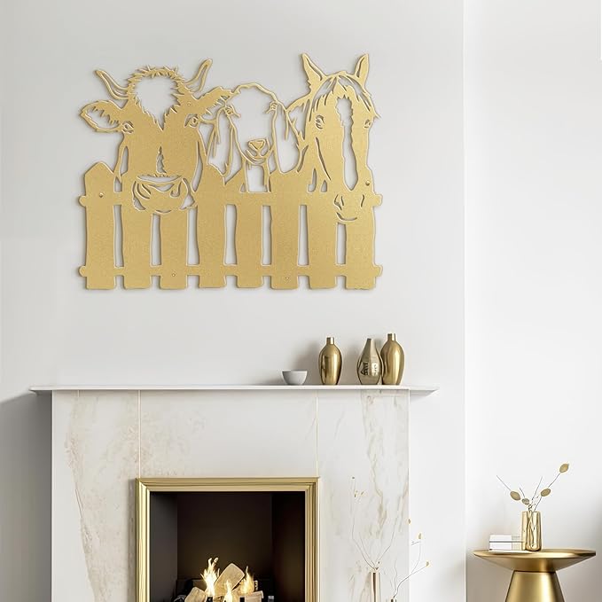 SIGNLEADER Metal Wall Art Decor Cows, Sheep, Horses by the fence Minimalist Modern Abstract Wall Sculpture Hangings Home Decoration for Living Room, Bedroom, Bathroom, Kitchen, Outdoor - 18" Gold