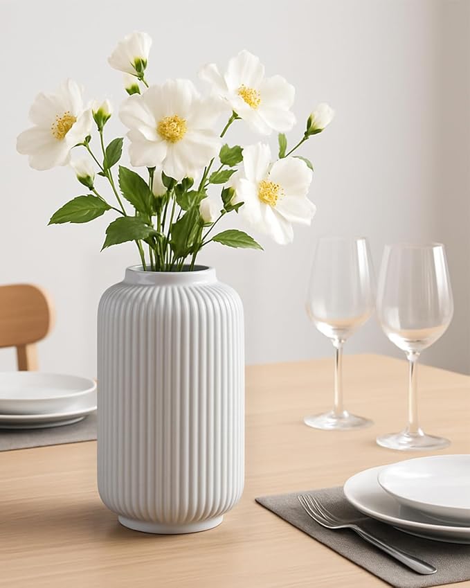 White Ceramic Flower Vase, 8 Inch Ribbed Vase for Pampas Grass, Fresh or Dried Flowers, Decorative Centerpiece for Living Room, Kitchen, Bookshelf, Office Decor