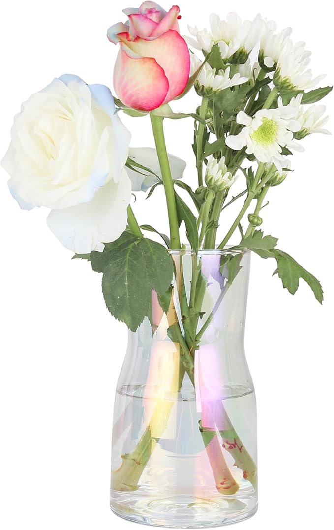 8 Inch Iridescent Glass Vase - Modern Boho Style Centerpiece for Flowers, Home Decor, Wedding, Housewarming & Office Accent (Irised)