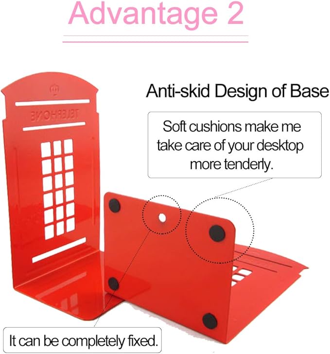 MerryNine 4 Pack Book Ends, Metal Bookends for Shelves, Telephone Booth Decorative Bookends, Non Skid Heavy Bookends, Book, Magazine or CD Organizers for Home and Office (Red-4pcs)