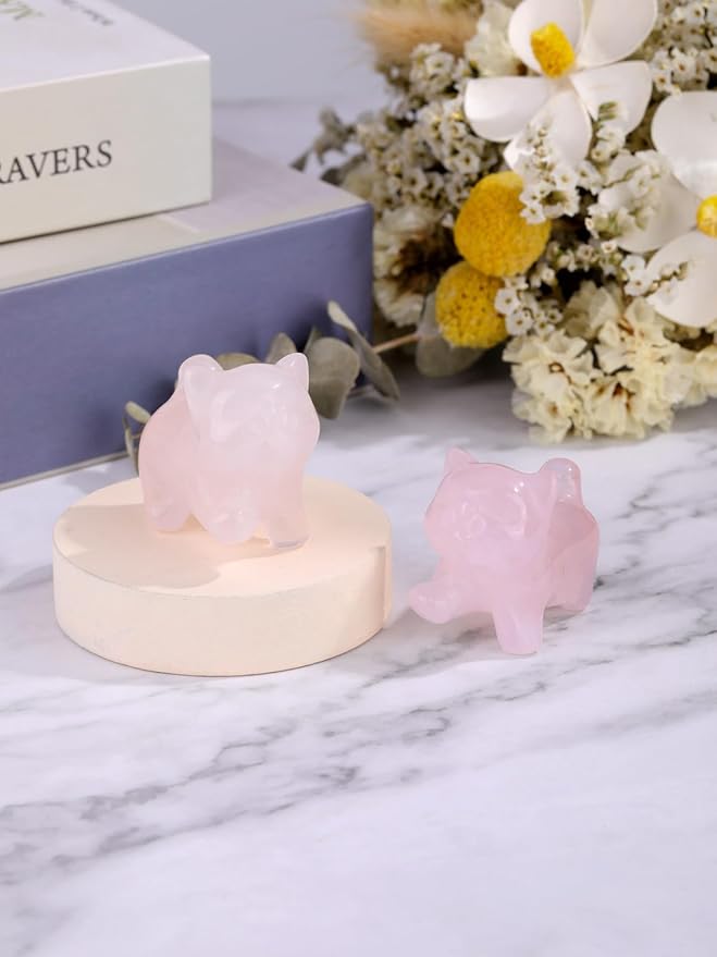 Jovivi Natural Rose Quartz Crystal Cat Statue Home Decor Carved Gemstone Cats Figurine Collectibles Pocket Sculpture Pet Memorial Decorative Ornament Gift for Cat Lovers