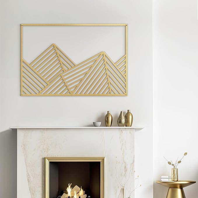 SIGNLEADER Metal Wall Decor Mountains Triangle Line Minimalist Modern Luxury Wall Sculpture Hangings 3D Statue Home Decoration for Living Room, Bedroom, Bathroom, Kitchen, Fireplace, Office - 18" Gold