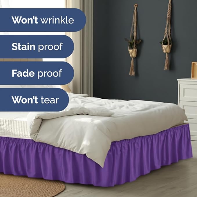 Wrap Around Dust Ruffle Bed Skirt - Purple - Twin/Twin XL Size Beds with 15 Inch Drop - Easy Fit Elastic Strap - Adjustable Pleated Bedskirt w/Brushed Fabric - Wrinkle Free - Women, Men, Kids & Teens