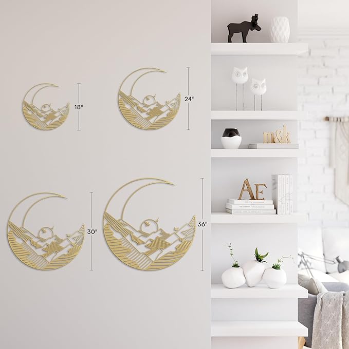 SIGNLEADER Metal Wall Art Decor Moon Landscape Minimalist Modern Abstract Wall Sculpture Hangings Home Decoration for Living Room, Bedroom, Bathroom, Kitchen, Outdoor - 18" Gold
