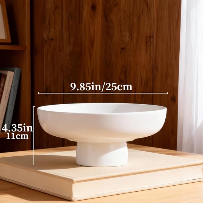 Matte White Pedestal Bowl, 9.85in Resin Decorative Centerpiece for Coffee Table, Dining Table & Entryway, Modern Fruit Bowl, Key Catchall for Home Decor