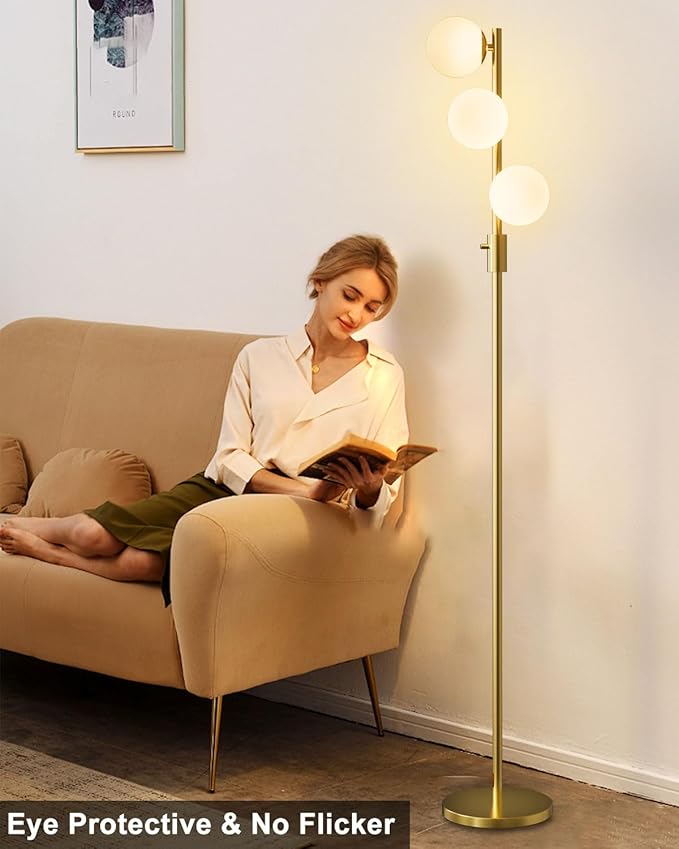 Lightdot 64IN Dimmable Globe Floor Lamp, Gold Standing Lamps with 3pcs 3000K G9 Bulbs Soft Warm White Eye Care, Mid Century Floor Lamp for Living Room
