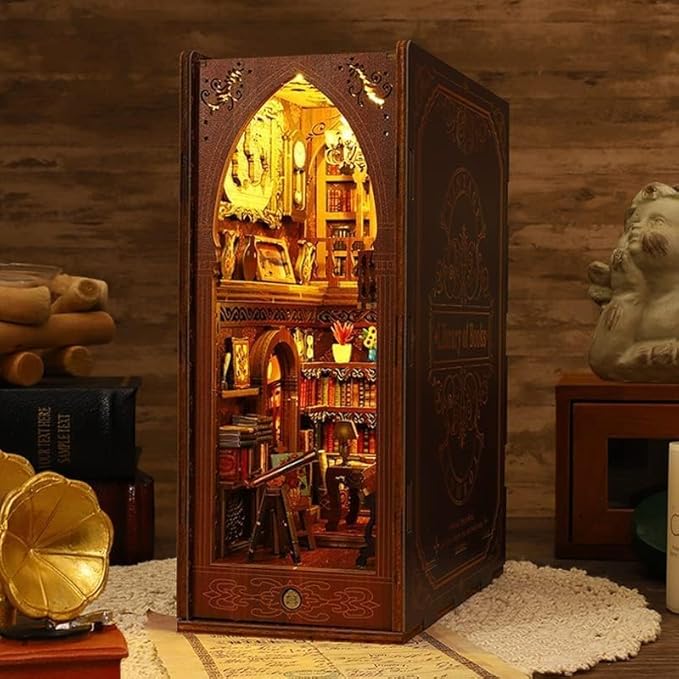 suruim DIY Book Nook Kit Bookend Puzzle Miniature Nook Library Bookshelf Insert Bookends Decoration Books Ornaments Gifts for Adults(Library)