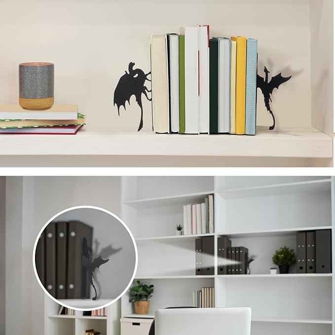 Geelin Dragon Metal Bookends Set of 2 Styles Gothic Book Ends for Shelves Bookshelf Home Office Desk Bookshelf Decor Gift for Dragon Lovers and Reading Enthusiasts