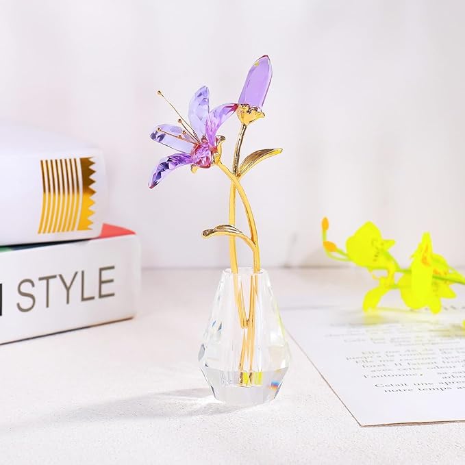 Purple Crystal Lily Flower Figurine with Stems - Handmade Collectible Statue for Decoration Mothers Day Centerpiece Valentines Day Bridal Shower Gift