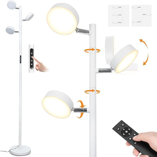 JUNNAI White Floor Lamp with Remote Tall Standing Lamps 30W LED Tree Floor Lamp with 3 Adjustable Heads Touch Control Timer 4 Color Temperatures Light Lamps for Living Room Office Bedroom Crafting