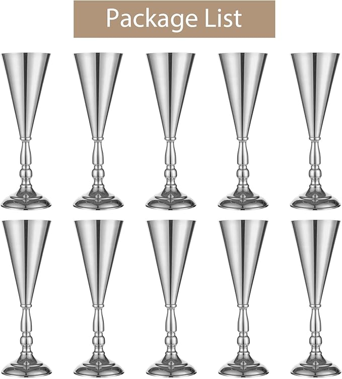 Sziqiqi Trumpet Vase Floral Centerpiece Riser Stand for Wedding Reception Centerpieces Party Event Anniversary Birthday Decoration Flower Arrangement Pack of 10, Silver 14in