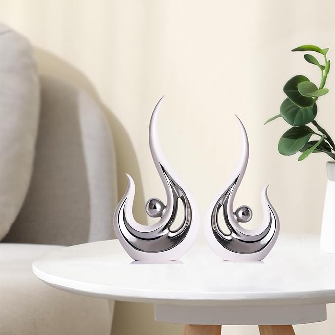 LCCCK 2-Pack Modern Abstract Art Home Decor Accent, Contemporary Statues Coffee Table Decor for Living Room, Dining Room Centerpieces, Ceramic Sculptures and Silver Knick Knacks for TV Stand Decor