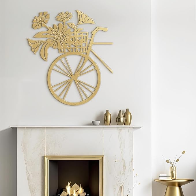 SIGNLEADER Metal Wall Art Decor Floral Bouquet in Bicycle Modern Abstract Wall Sculpture Hangings Home Decoration for Living Room, Bedroom, Bathroom, Kitchen, Outdoor - 18" Gold