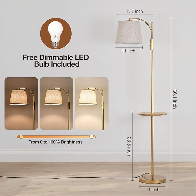 AIDENOEY Fully Dimmable Floor Lamp for Living Room，Standing Lamp Rotary Switch with Table&Linen Beige Shade，Golden Tall Lamps for Bedroom with Adjust Head，9W LED Bulb Included