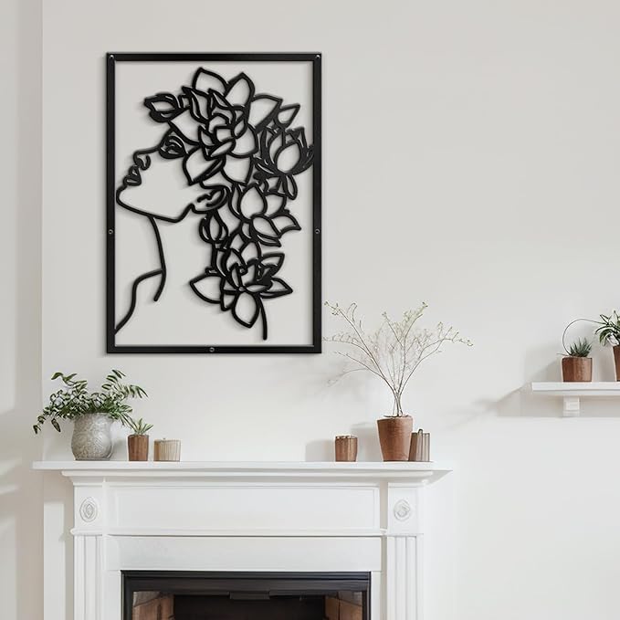 SIGNLEADER Metal Wall Art Decor Flowers Head Woman Modern Abstract Wall Sculpture Hangings Home Decoration for Living Room, Bedroom, Bathroom, Kitchen, Outdoor - 18" Black