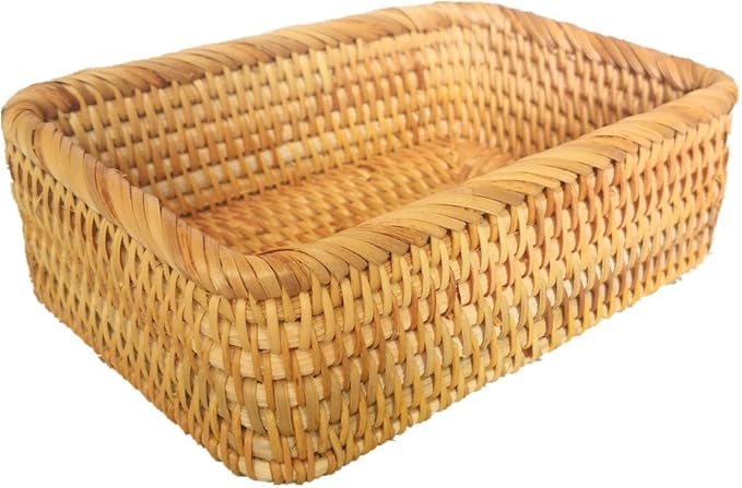 Handmade Rectangle Wicker Fruit Box Rattan Tray Magazine Organizer and Small Objects Container Serving Basket (Small)