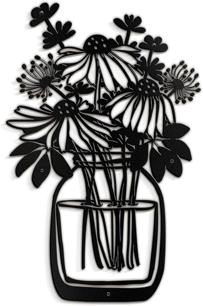 SIGNLEADER Metal Wall Art Decor Flower Bouquet in Bottle Minimalist Modern Abstract Wall Sculpture Hangings Home Decoration for Living Room, Bedroom, Bathroom, Kitchen, Outdoor - 18" Black