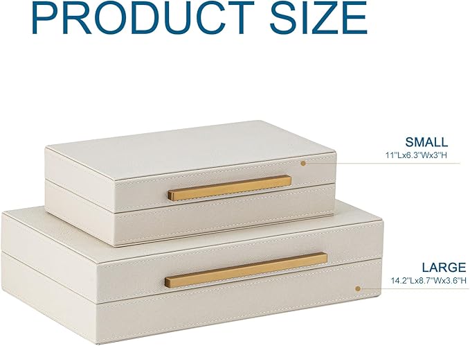 Faux Leather Large Modern Stackable Nesting Jewelry Box with Lids Organizer – Set of 2 Beige Shagreen Decorative Storage Boxes with Gold Metal Handles
