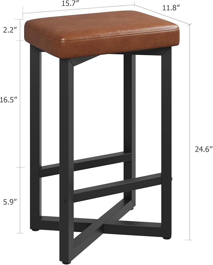 IDEALHOUSE Bar Stools Set of 2, 24.6" Counter Height Backless Barstools, Upholstered PU Leather Seats with Metal X-Frame & Footrest, Modern Kitchen Stools for Home Bar, Dining Room, Brown