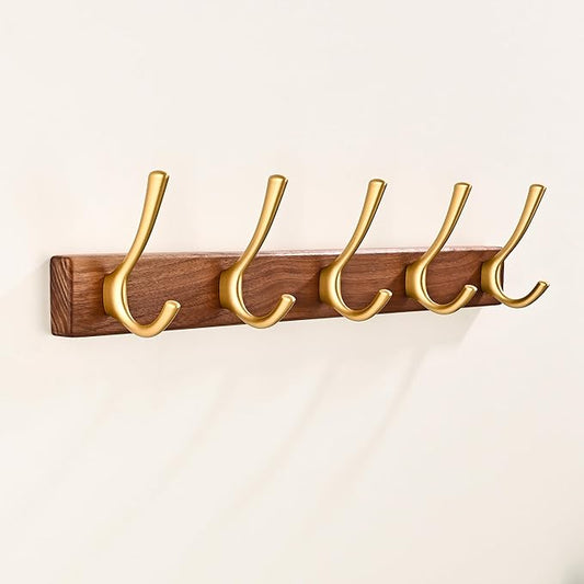 17.3" Small Walnut Wood Coat Rack Wall Mount with 5 Hooks, Heavy Duty Wooden Jacket Hanger Door Mounted for Decorative Entryway Bathroom Hanging Towel Backpack Purse Clothes Hat Key Gold