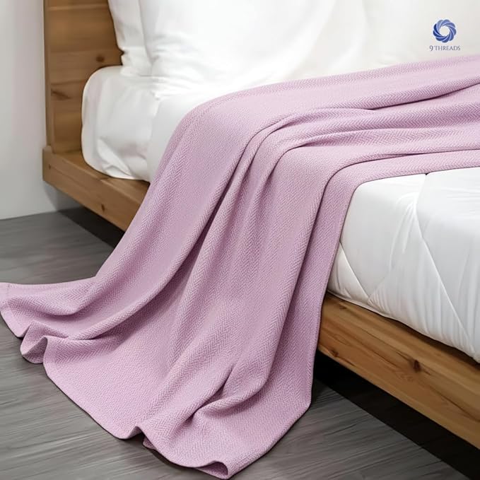9Threads 100% Extra-Long Staple Cotton Herringbone Multipurpose Blanket | Soft & Breathable, Lightweight All-Season Throw for Sofa/Couch/Bed | Machine Washable | (Herringbone - Lavender, King)