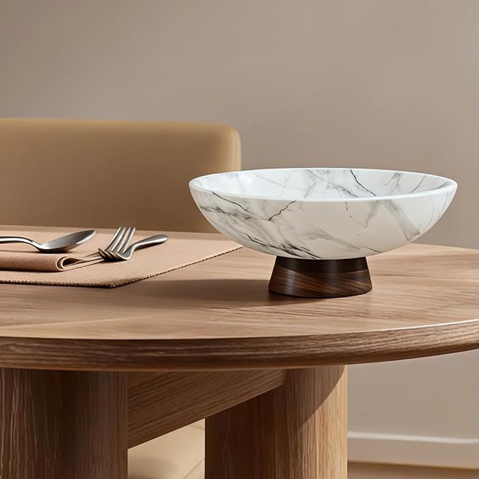 White Marble Decorative Bowl with Acacia Wood Base – 11" Modern Pedestal Fruit Bowl for Table Centerpiece, Entryway or Kitchen Décor