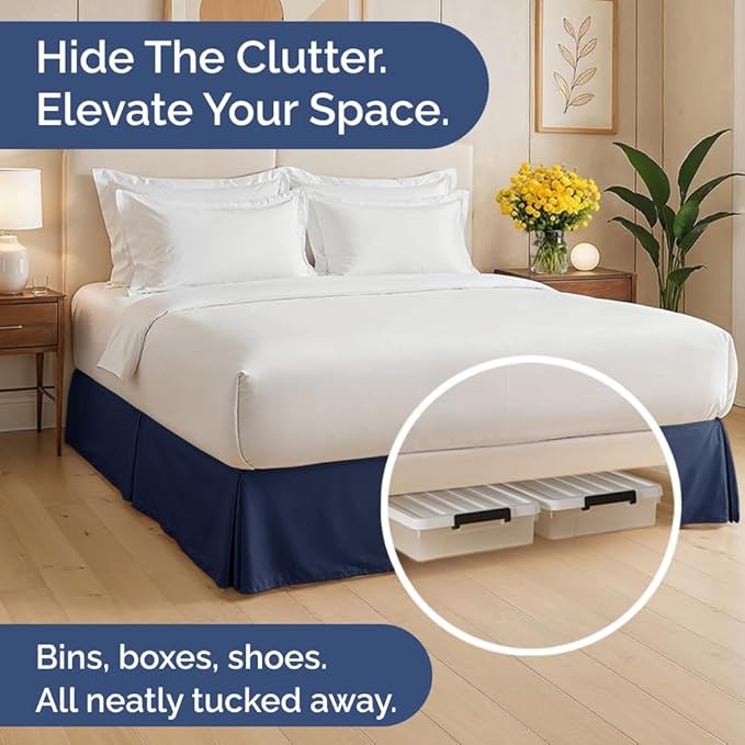 Pleated Bed Skirt Queen Size - 3 Sided Pleated Bed Skirt Queen - Ultra-Soft, Easy Fit with 15 Inch Tailored Drop - Hotel Quality, Wrinkle Free & Fade Resistant - for Women, Men, Kids and Teens - Navy