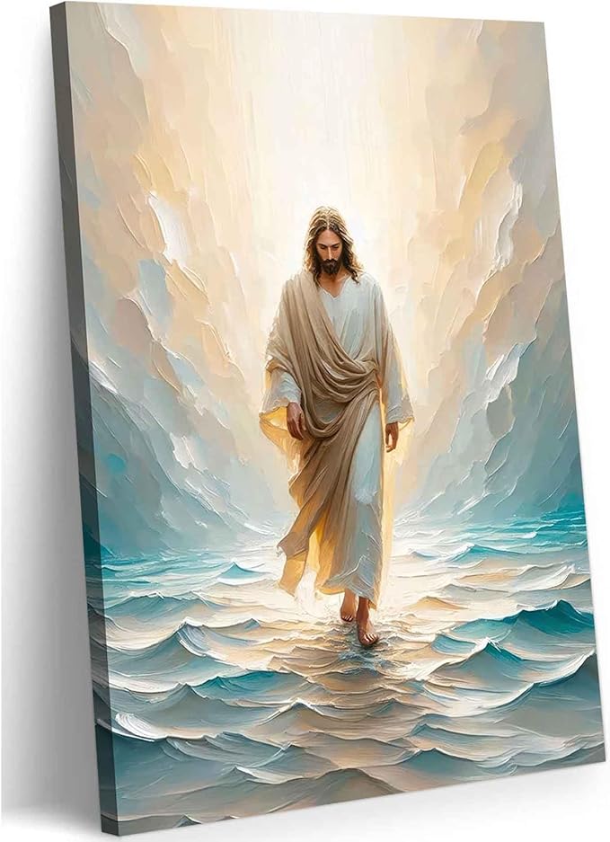 Jesus Walking On Water Canvas Wall Art Christian Bible Stories Wall Decor Picture Divine Light Modern Religious Poster Prints for Living Room Bedroom Church Home Decoration 12"x16"