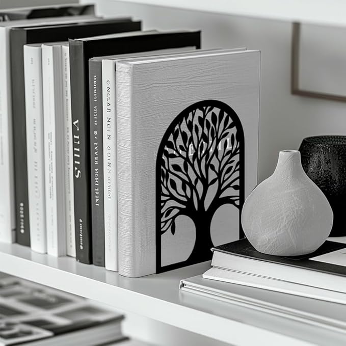 Peacoblue Metal Bookends for Shelves, Modern Decorative Heavy Duty Study Book Support Stoppers for Office, Desk, Shelf, Room 5.3"x3.5"x7.8" Cast Iron Simple Tall Bookends, 1 Pair (Tree of Life)
