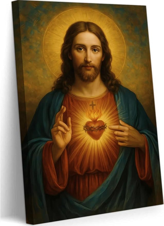 Sacred Heart of Jesus Canvas Wall Art Catholic Divine Mercy Prints Wall Decor Christ Jesus Portrait Poster Christian Religious Picture Artwork for Bedroom Living Room Prayer Room 12x16 Inch Framed