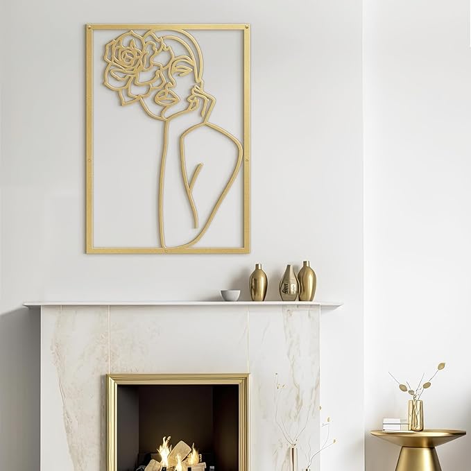 SIGNLEADER Metal Wall Art Decor Women and Flower Modern Abstract Wall Sculpture Hangings Home Decoration for Living Room, Bedroom, Bathroom, Kitchen, Outdoor - 18" Gold