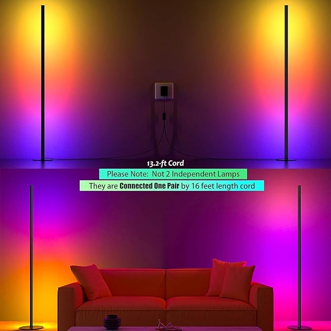 Corner Floor Lamp 1 Pair, LED Corner Lamp with Reomte, APP Control 16 Million DIY Color, Music Sync, Timing, Color Changing Ambient Lights for Living Room, Bedroom, Gaming(One Adaptor, Y Type Cord)