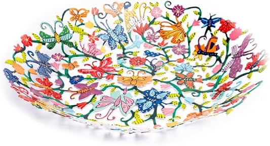 Emanuel Yair Decorative Metal Fruit Bowl | Vibrant Hand Painted Bowl | Hangable Centerpiece for Home Decor and Gifting | Judaica Art (14 inch, butterflies)