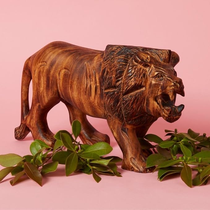 Large Wood Lion Sculpture, Statues, Animal Figurines, Home Decor Accents, Living Room, Office, Desk, Coffee Table, Book Shelf, Hand Carved, African, Brown