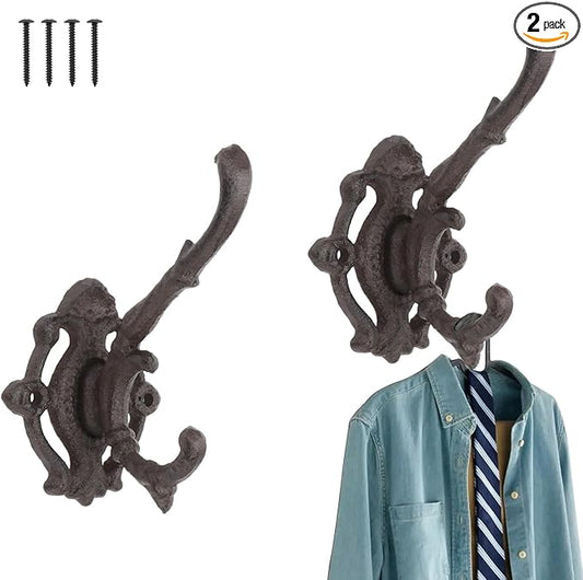 Cast Iron Hooks for Wall Rustic Coat Rack Wall Mount Double Coat Hook Unique Heavy Duty Coat Hooks Wall Decorative Hook for Hallway Hang Clothes Hats 2 Pcs (Double Hook)