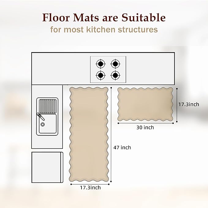 Scalloped Blue Kitchen Mats for Floor 2PC Cushioned Anti Fatigue Kitchen Mats Rugs Waterproof Non Slip Farmhouse Boho Floral Comfort Foam Standing Mat for Sink Laundry