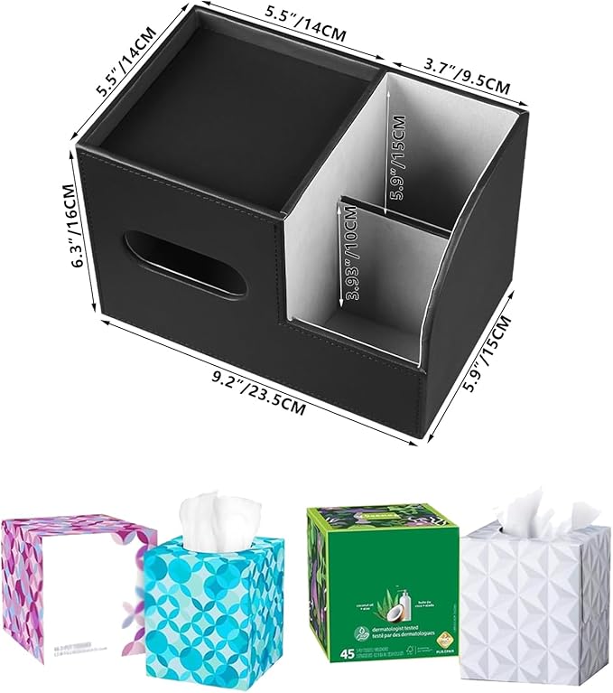 PU Leather Tissue Box Cover Square,Tissue Box Holder Organizer with Storage Tray and Remote Control Holder for Bathroom Countertop Night Stands Bedroom Office Desk,Napkin Caddy Decorative Black