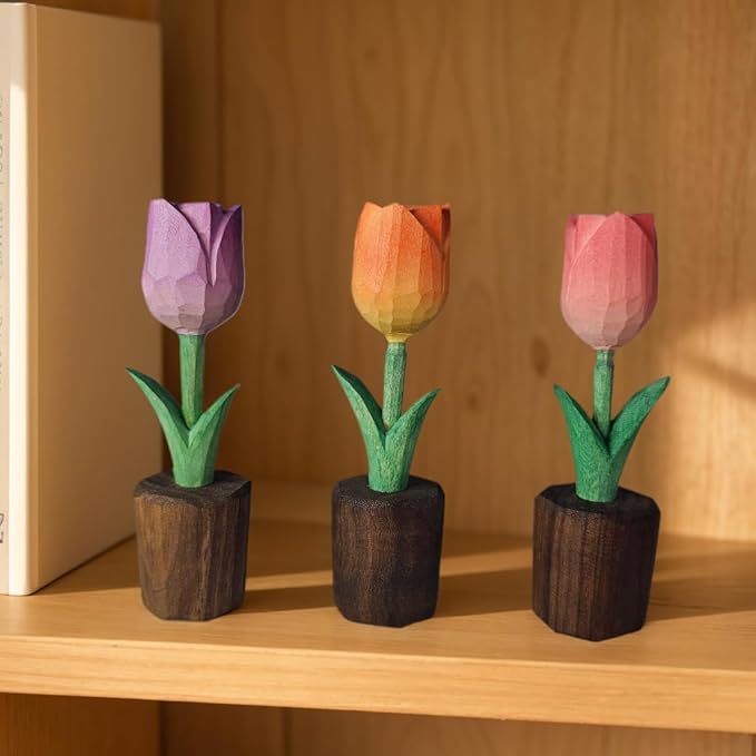 Handcrafted Wooden Tulip Figurine – Elegant Basswood Carved Sculpture, Unique Gift with Premium Gift Box, Ideal for Mother’s Day, Anniversary, Birthday, Home Office Décor (Orange)