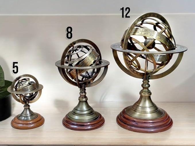 Antique Vintage Zodiac Armillary Decorative Globe with Wooden Base - 5 Inch Brass Sphere World Globe Zodiac Engraved Celestial, Antique Ship Decor