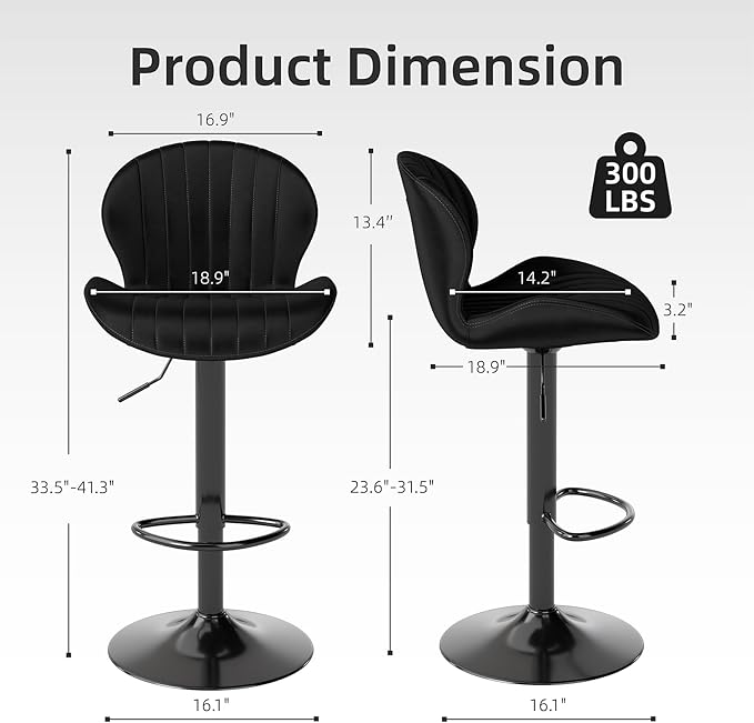 Youhauchair Modern Bar Stools Set of 2, Velvet Height Adjustable Swivel Barstools, Armless Kitchen Island Counter Chairs with Back & Footrest, Black