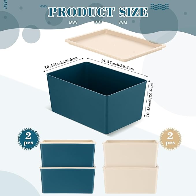 Menkxi 4 Pcs Storage Bins with Lids Plastic Stackable Containers for Organizing Shelves Christmas Ornament Box Baskets(Beige, Blue,Small)